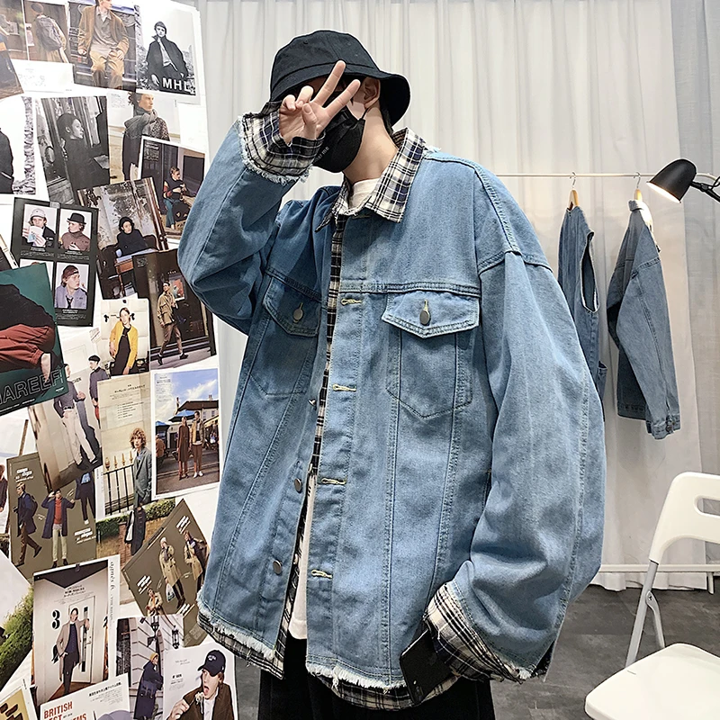 

Spring Fake Two-piece Denim Jacket Men's Fashion Plaid Stitching Casual Jacket Men Streetwear Wild Loose Hip Hop Bomber Jacket