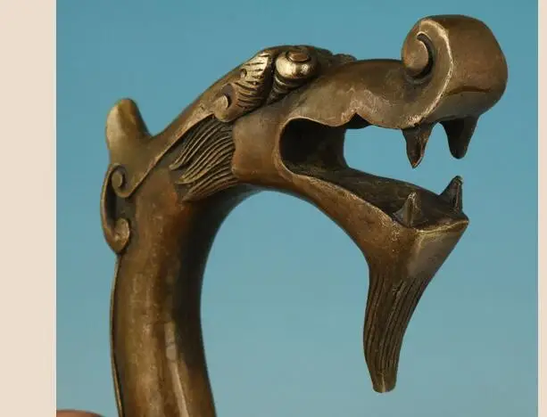 

100% bronze Pure Copper Brass Grandpa Good Lucky Chinese Old Handmade Carved Dragon Statue Cane Walking Stick Head Decorat