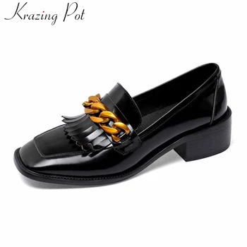 

Krazing pot metal decorations fringe full grain leather casual loafers shoes square toe med heels basic fashion women pumps L0b