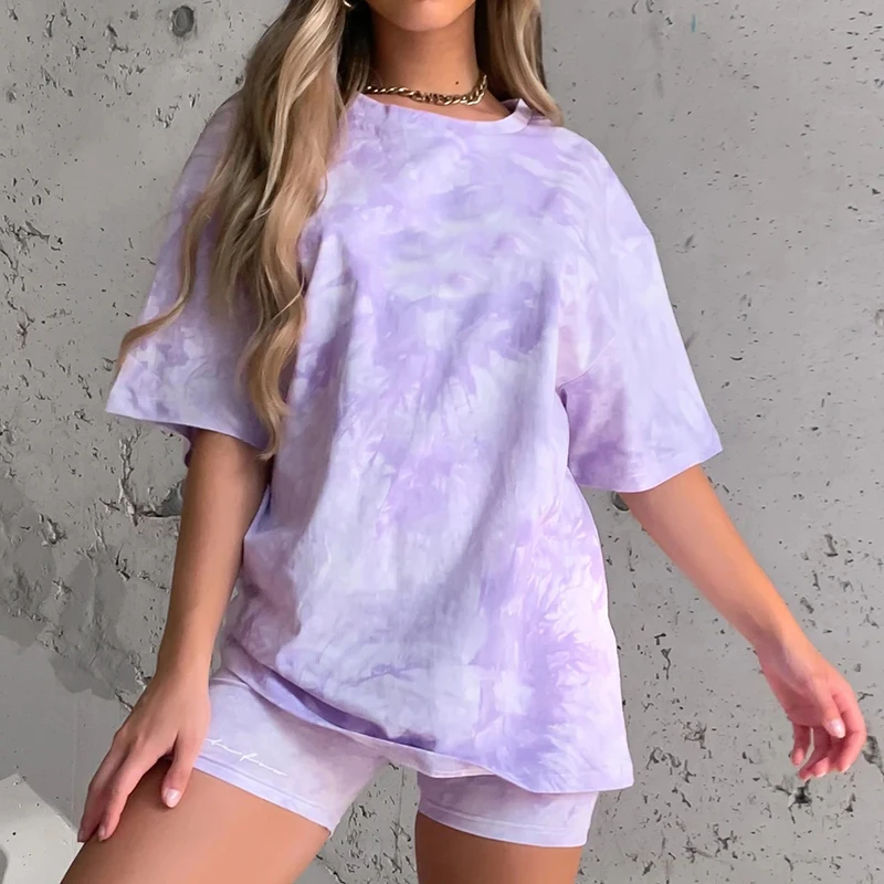 

Casual Fashion Tie-dye O-Neck Short Sleeve Shorts Lady Suit Summer women Oversize T-Shirt Suit