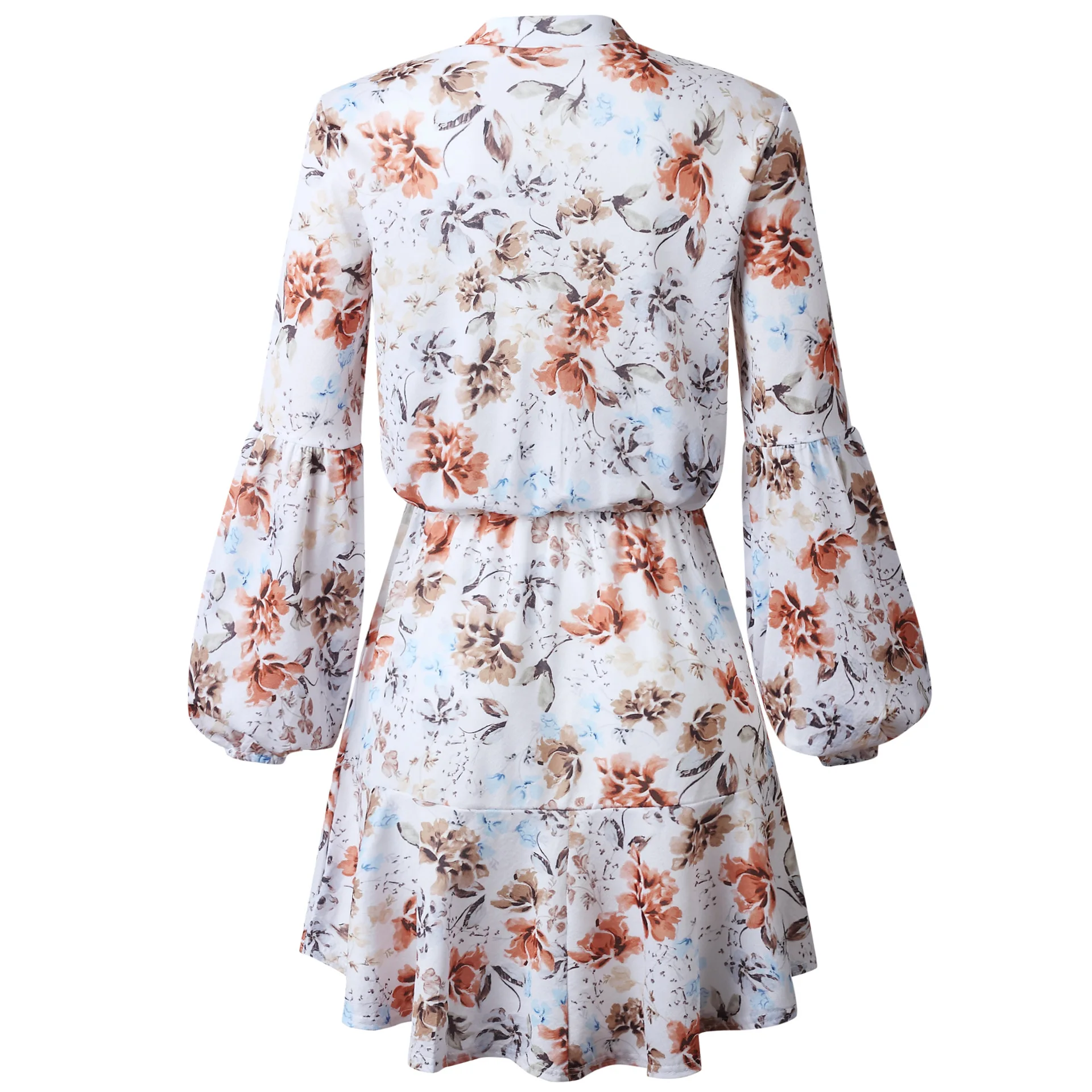 White Ruffled Mini Vintage Print Irregular Dress Autumn Clothing Lantern Sleeve Elegant Chiffon Dress Lace up Slim Streetwear