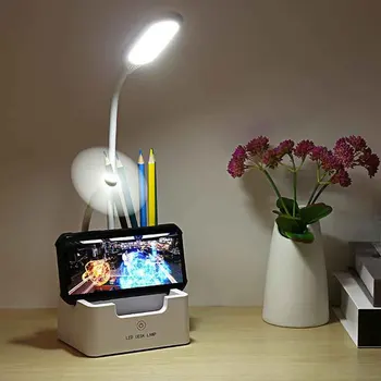 

LED Desk Lamp with Mobilephone Stand USB Rechargeable Dormitory Study Bedside Flexible Touch Dimmable With Pen Holder