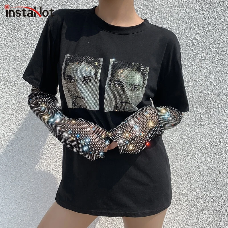 InstaHot черная футболка с ромбовидным рукавом и принтом Harajuku High ...