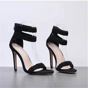 

2020 braided L high heel peep toe sandals women's block heel yi zi kou 43 code pumps