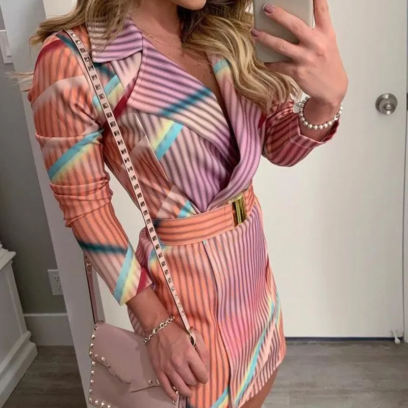 

New Turn-down Collar Colorful Print Shirt Dress Sexy Women Mini A-line Striped Dress Long Sleeve Casual Dress