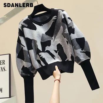 

Short Sweater Ladies Lantern Sleeve Patched-Color Women's Sweaters New Winter Knitted Thick Sweaters Jumper Femme Outwears