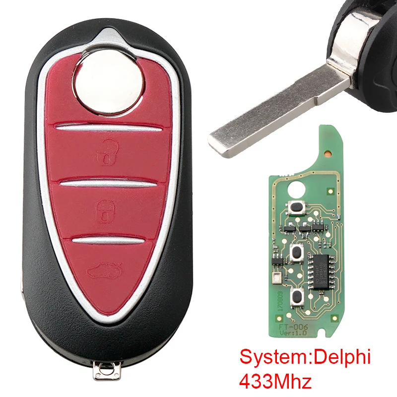 1 Pcs 433Mhz 3 Buttons ABS+Metal Black and Red Durable Replacement Remote Car Key with ID46/7946 Chip  Fit for  Alfa Romeo New