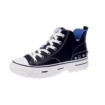 

2020 Spring Women High Top Sneakers Leather Lace Up Casual Shoes Platform Designers Woman Sports Rivet Black Vulcanized Shoes