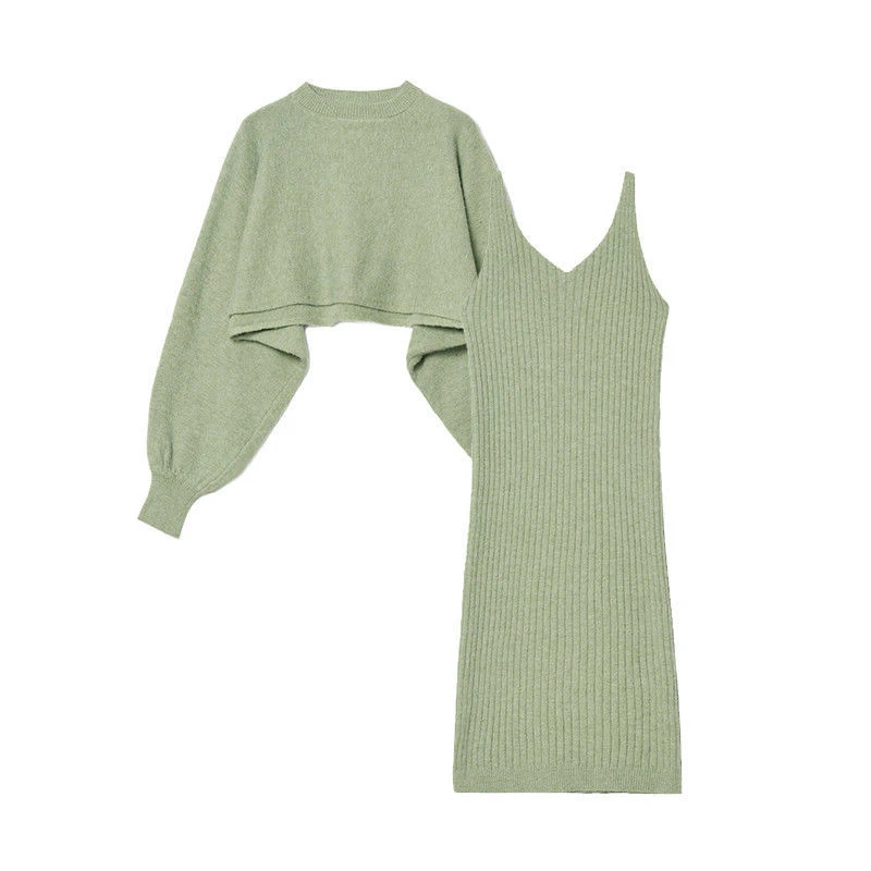 

2020 Avocado Green Dress Suit Female Spring Autumn Two-piece Women Sling Dress+Knitted Sweater Pink Sets