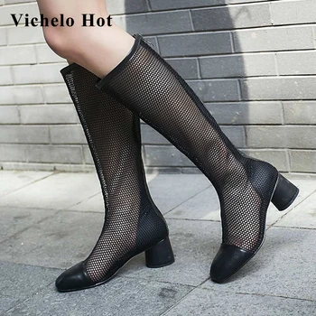 

Vichelo Hot european style real leather patchwork breathable square toe high round heels zipper nightclub knee high boots L63