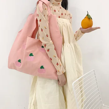 

New simple fruit pattern embroidery canvas bag shoulder bag fresh and versatile literary female bag hand bags women handbags