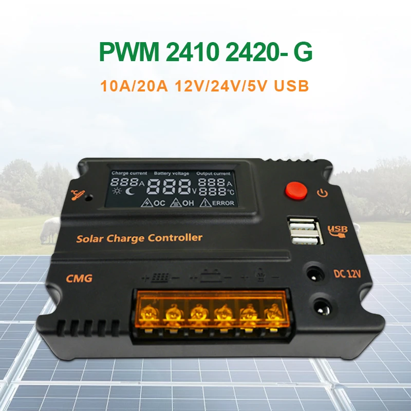 10A 20A 12V 24V PWM Solar Panel Regulator Charge Controller & DC USB Port Switch 
