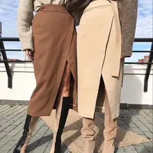 Сексуальная цветная замшевая юбка-карандаш средней длины для женщин модные эластичные юбки с высокой талией для женщин s офисные женские Облегающие юбки с разрезом Saias