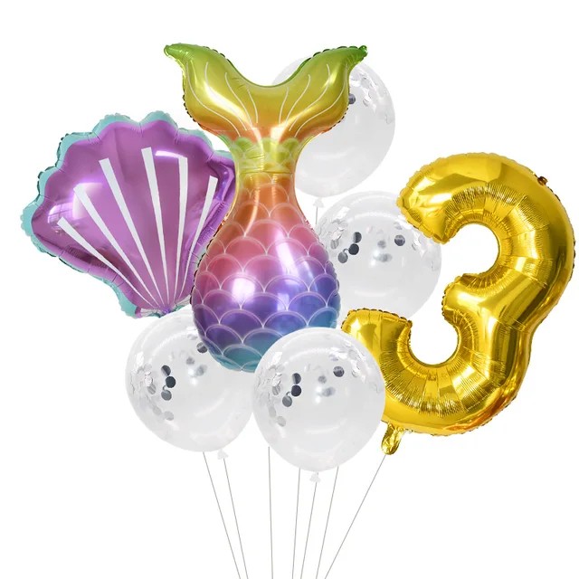 Little Mermaid Party Balloons 32inch Number Foil Balloon Kids Birthday Party Decoration Supplies Baby Shower Decor Helium Globos 7pcs number3 set