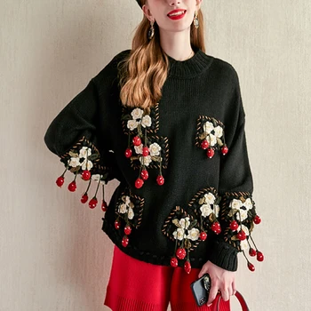 

Flower Embroidery Tassel Wool Sweater Women 2019 Autumn Winter Loose Casual Knitted Pull Femme Long Sleeve Pullover