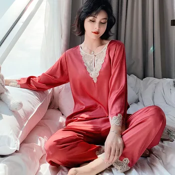 

Spring Womens Pajamas Set 2020 New Silk Autumn Thin Satin Pyjamas Long-sleeved Lace Loose Home Service Two-piece Sleepwear Suit