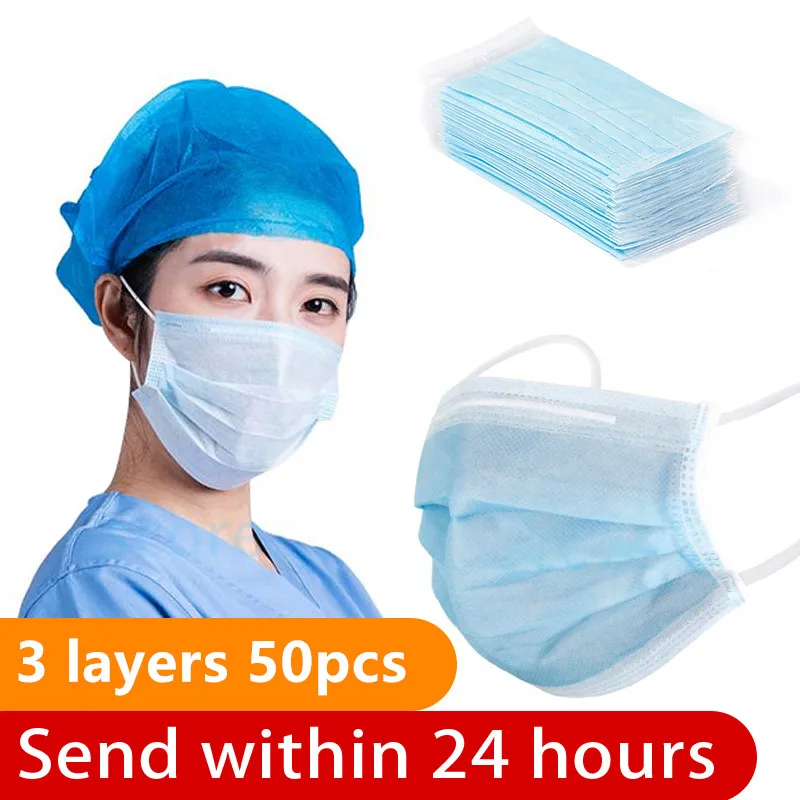 

50PCS Disposable Protective Mask 3 Layers Dustproof Facial Protective Cover Masks Maldehyde Prevent bacteria anti-virus Masks