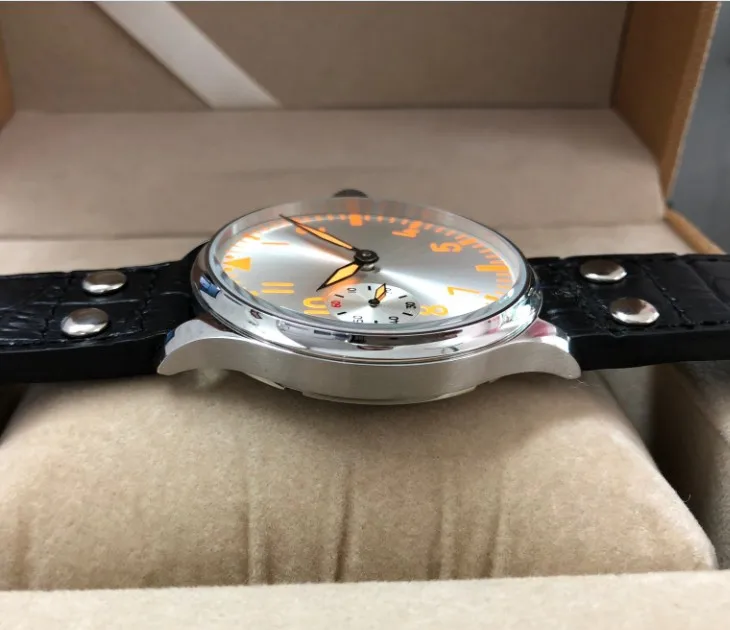 Сапфировое стекло 44 мм серебристый циферблат оранжевые цифры оранжевый r светящиеся азиатские 6497 механические мужские часы pa189-p8