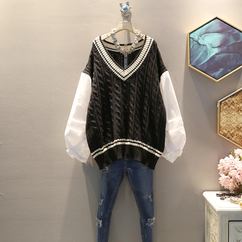 

[EWQ] 2019 Spring Autumn New Pattern V-collar Long Sleeve Fake Two Piece Knitting Pulloveres Casual Sweater Women AH56606