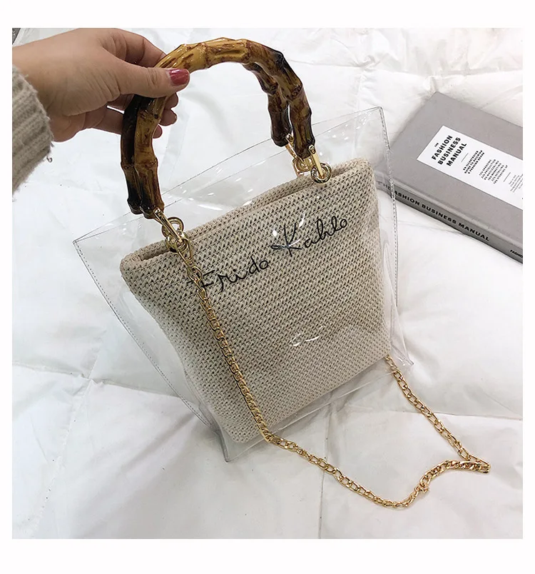 

2019 Summer New Handbag High quality PVC Transparent Women bag Metallic Ring Tote bag Beach Travel Chain Shoulder Messenger Bag