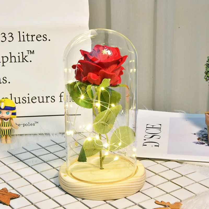Rose In Glass Led Night Light Beauty And The Beast Little Prince Valentine's Day Gift artificial flower