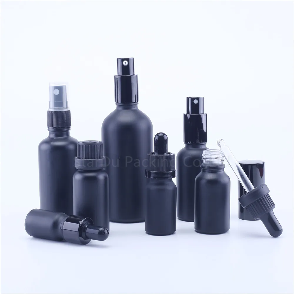 

5ml 10ml 15ml 20ml 30ML Black Glass Bottle With Dropper for essential oil, 50ml 100ml Matt Black Perfume bottles