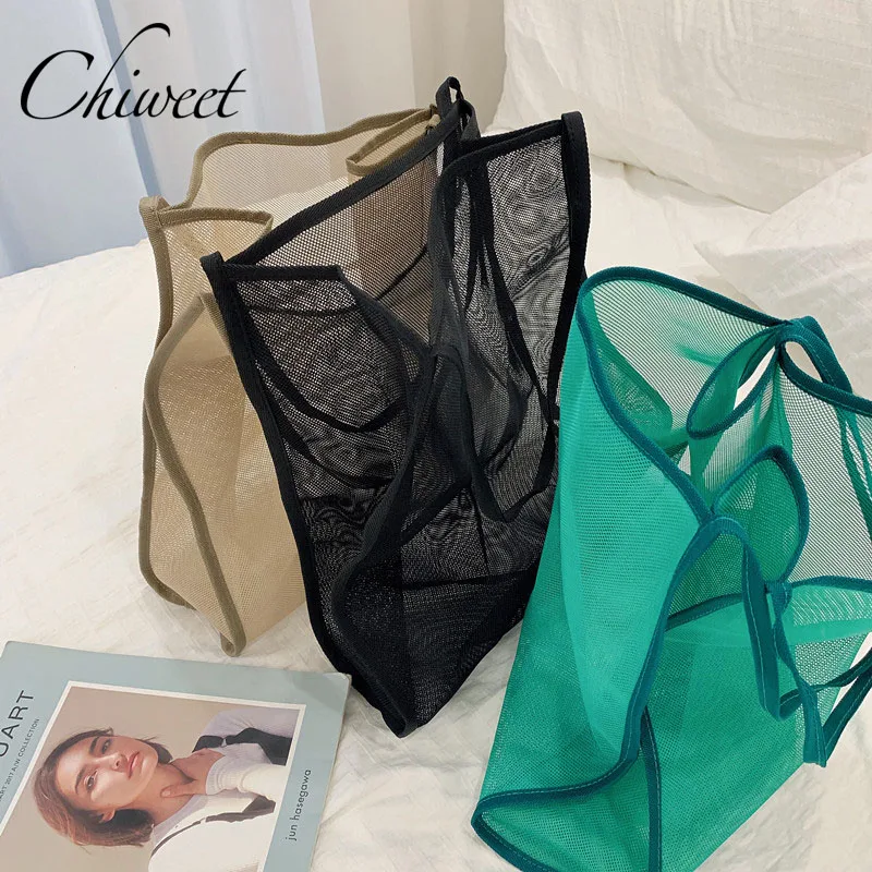 

Ins Designer Clear Mesh Shoulder Bag Casual Light Women Beach Bag Large Shopping Bag Brand Vintage Luxury Handbags Ladies Tote