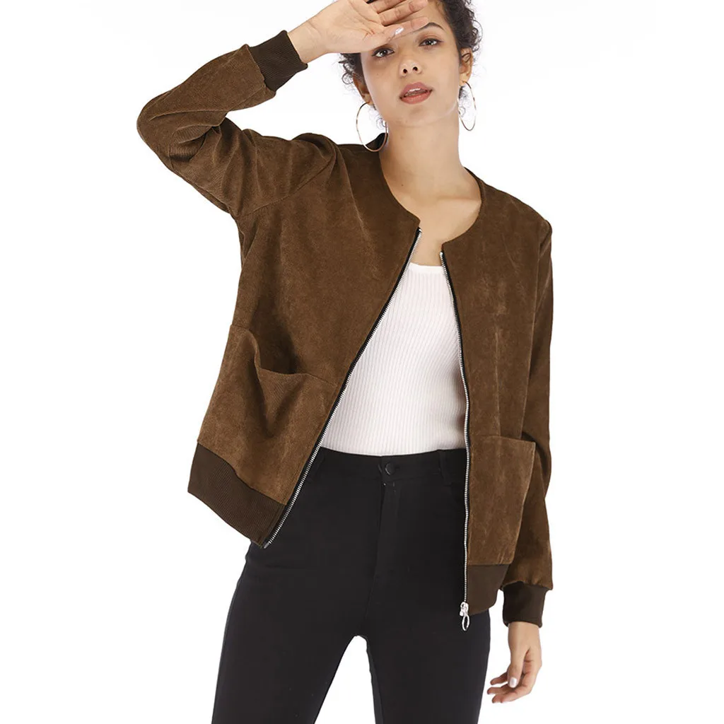 Модная женская короткая Вельветовая Повседневная куртка с круглым вырезом