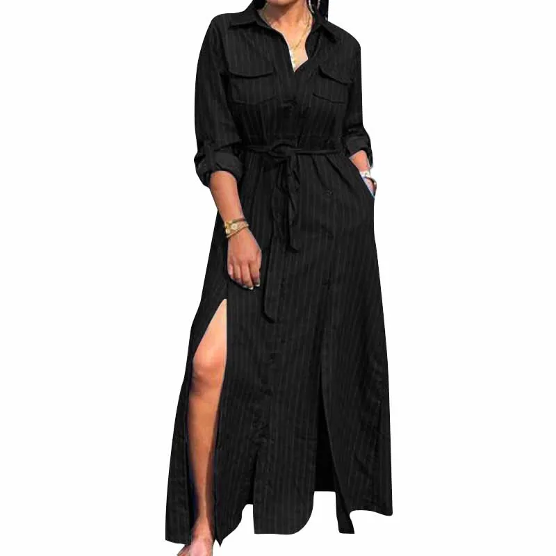 ZANZEA, женское длинное макси платье, богемное, Vestidos, элегантное, женское, с отворотом, на шее, сарафан, в полоску, с карманами, сексуальное, с разрезом, с поясом, платье - Цвет: Черный