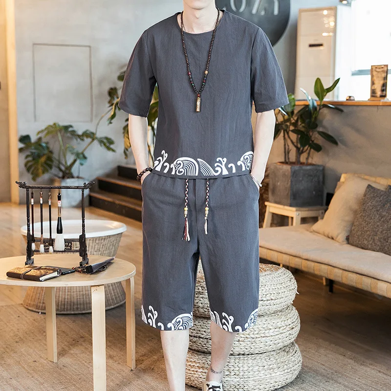 

2019 Summer New Style Flax Chinese-style Short Sleeve Set Hem Xiangyun Printed Crew Neck Thin T-shirt Two-Piece Set