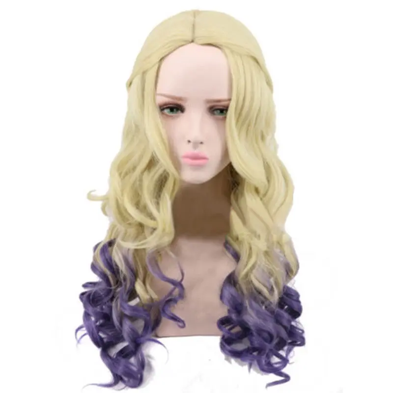 

Mal Descendants 2 Long Curly Light Gold Gradient Purple Cosplay Anime Wig+Free Wig Cap