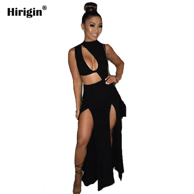 

Summer Party Dress Women Hollow Out Deep V-Neck Dress Sexy Clubwear Sleeveless High Split Dress Ladies Black Vestidos
