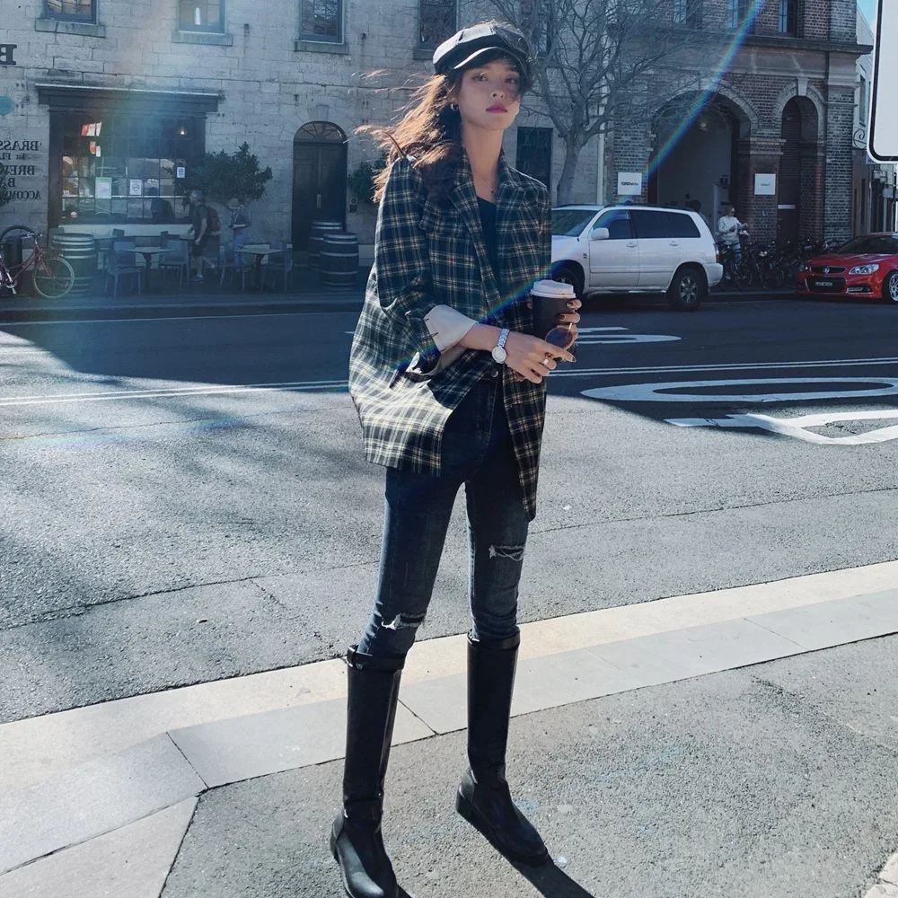 

Photo Shoot Korean-style Suit 2019 Autumn New Style WOMEN'S Dress Fashionable Retro British Style Waist Hugging Double Breasted