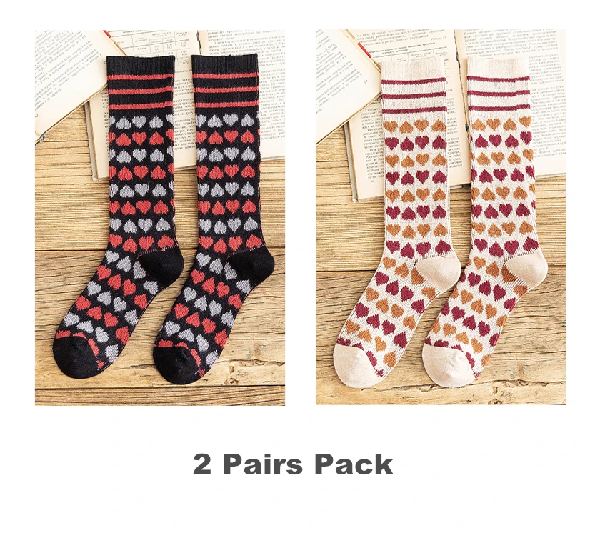 Set 2 2 Pairs Pack Trendy Hearts Printed School Girl Mid-calf Cotton Socks - Цвет: Set 2