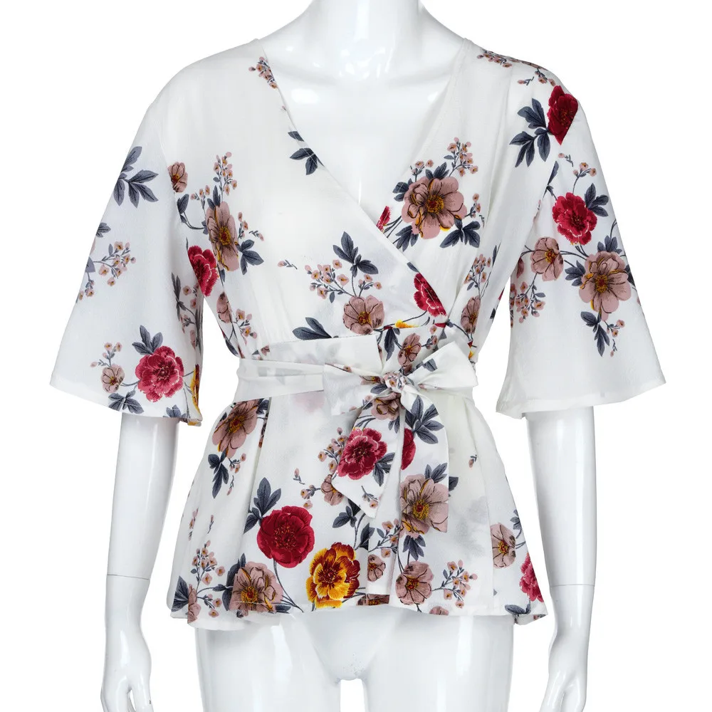 Plus Size S-5XL Summer Women Blouse Sexy V Neck Floral Print Flare Sleeve Belted Surplice Peplum Tops And Blouse Blusas Feminina