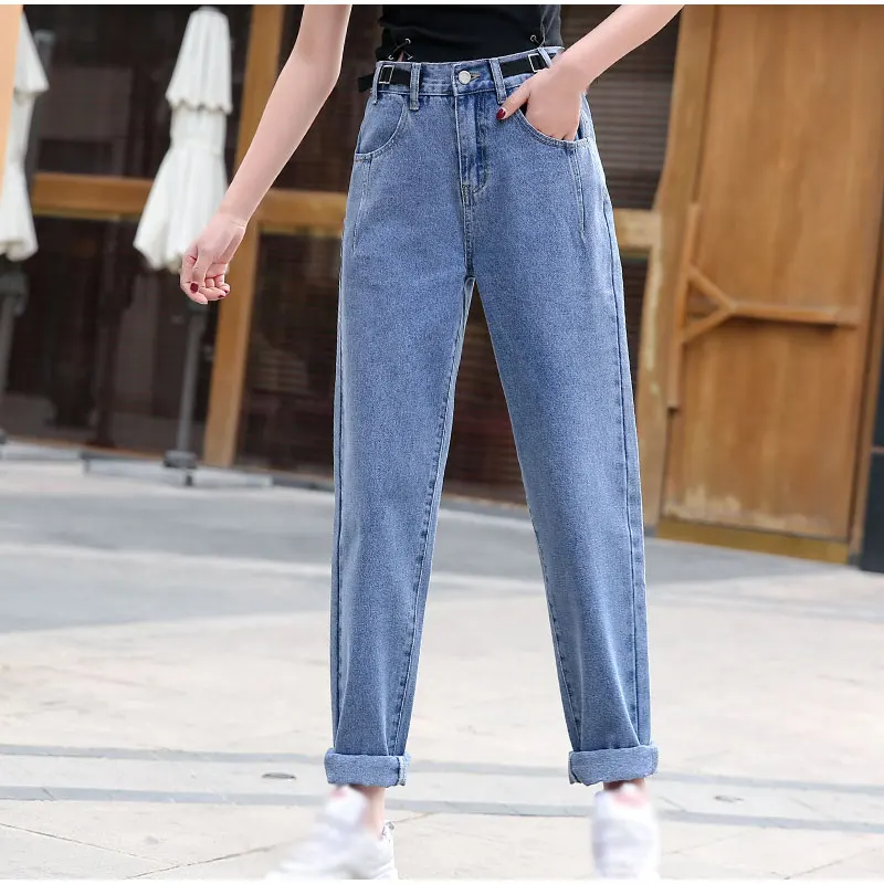 Cena Plus rozmiar Chi wysoki elastyczny pas szarawary dżinsowe z ozdobny pas 7XL Retro biały niebieski zamek latać luźne spodnie denimowe Capris