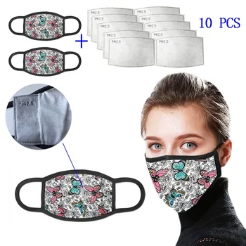 

Fashion Outdoor Anti-Dust Face Mask Masque Lavable Reusable Mouth Mask Washable Butterfly Printed Cotton Mask With PM2.5 Filters