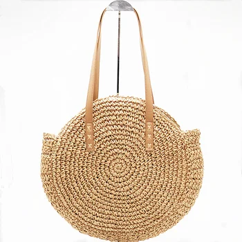 

Simple Round Handmade Straw Woven Bag Holiday Beach Bag Large Capacity Portable Bag Female Vocation Travel Shopping Bag