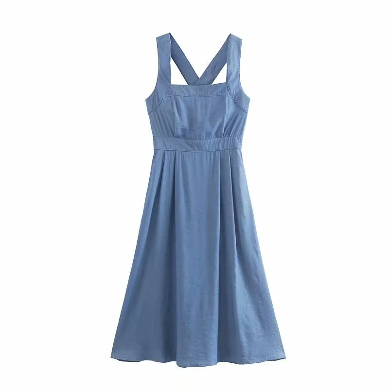 

2019 Europe And America Summer New Style Slim Fit Blue Cross-Strap behind Button down Computer Cable Lock Women's