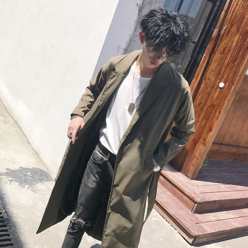 army green Весна Новая Мужская мода Повседневная Длинная свободная однотонная одежда Tide Регулируемая Талия ветровка пальто ветровка мужская Windbreaker - Цвет: army green