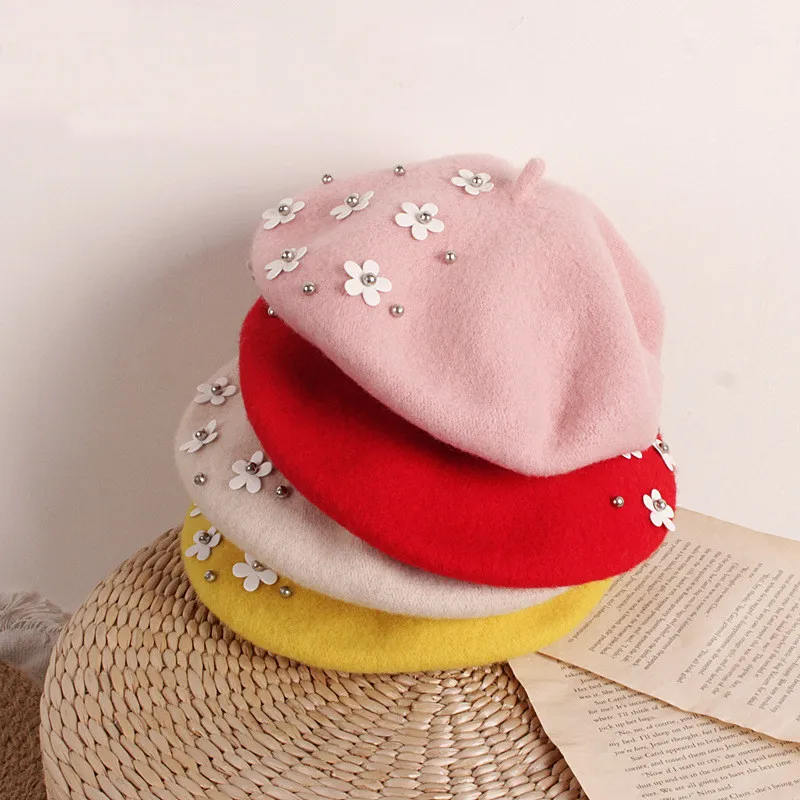 Newest Fashion Elegant Winter Hats For Girl Kids 2020 Flowers Pearls