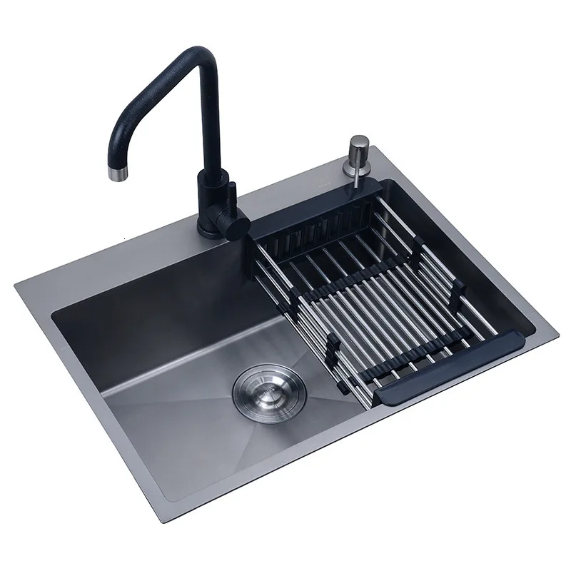 Kitchen sink black technology 304 stainless steel simple manual sink sink sink basket and sewer pipe free delivery