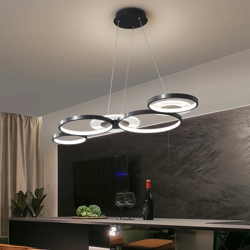 Dining Room LED Chandelier Lighting Black Or Gold Modern Simple Hanging Lamp Restaurant Bar Coffee Shop Round Rings Luminaires