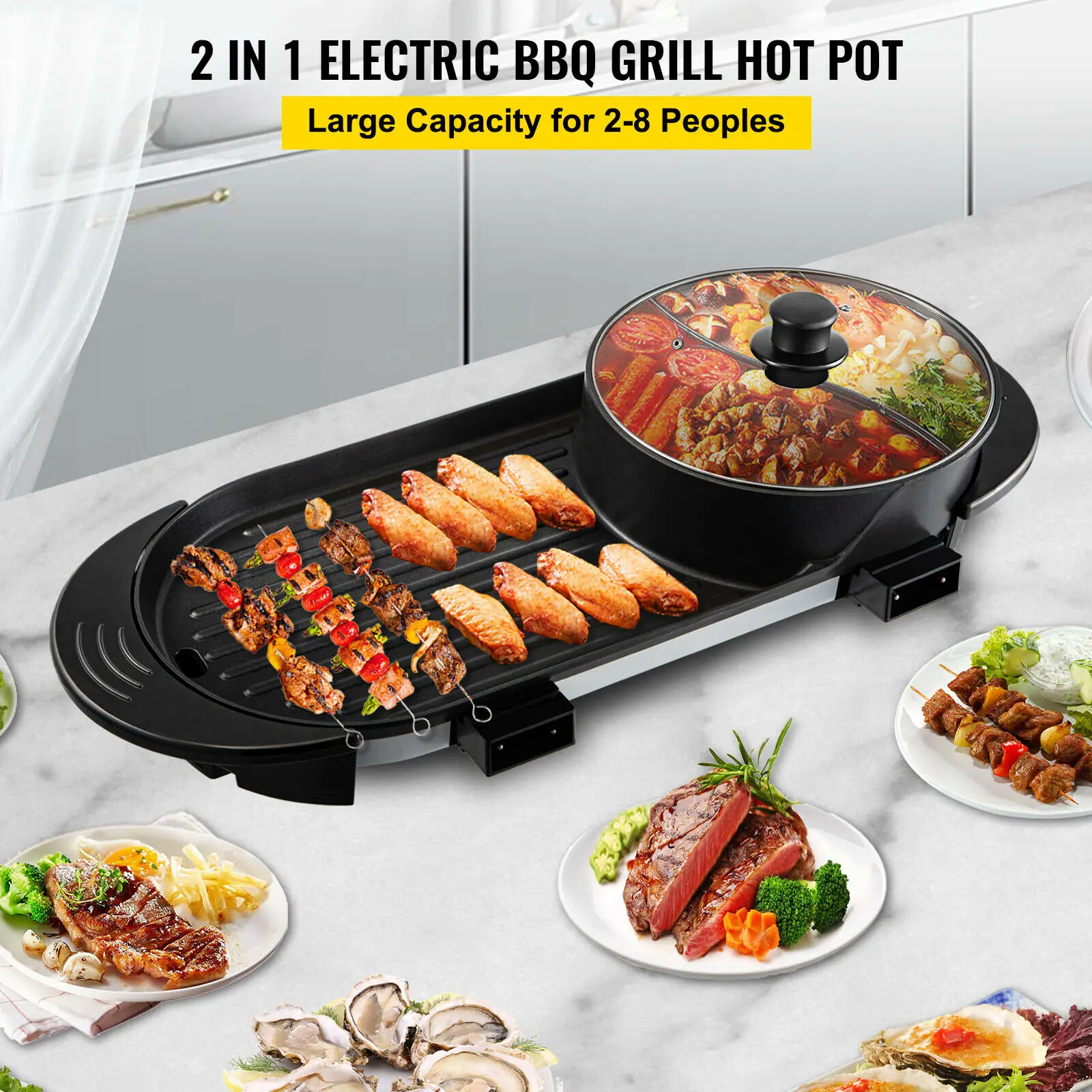 VEVOR 2 in 1 Electric BBQ Pan Grill Hot Pot Portable Smokeless Durable Material Fast Even Heated for Shellfish Vegetables Home 5