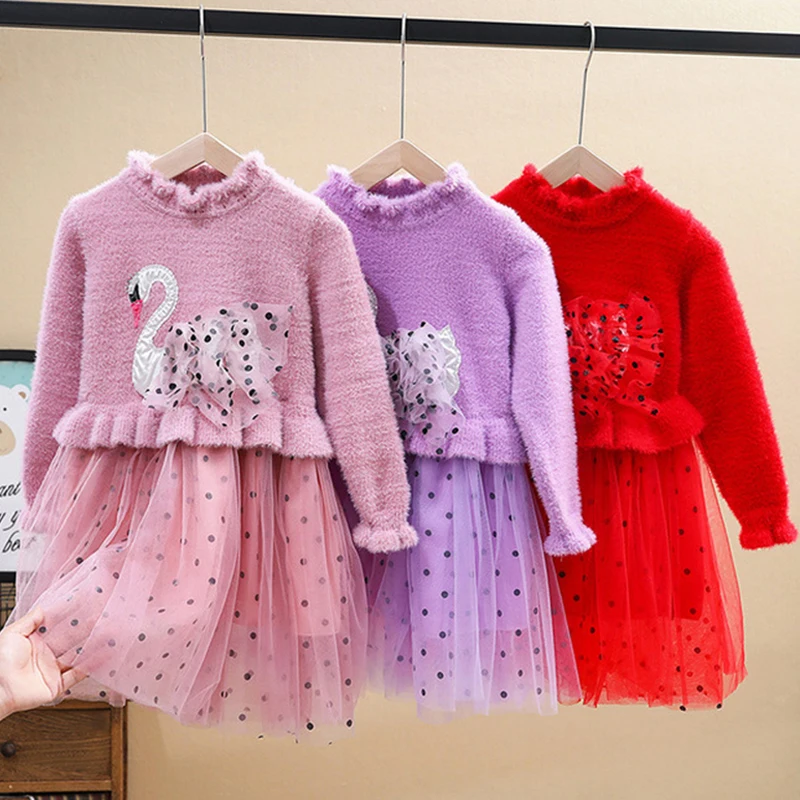 Платья-свитера для девочек; сезон осень-зима; Сетчатое платье с длинными рукавами и лебедем; Детский свитер; платье для девочек; платья принцессы; От 4 до 12 лет