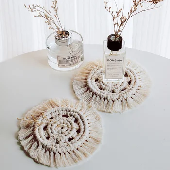 

Nordic Handwoven Coasters Cotton Rope Braided Placemat with Tassel Non-slip Heat Insulation Bowl Cup Mat Home Desktop Decor