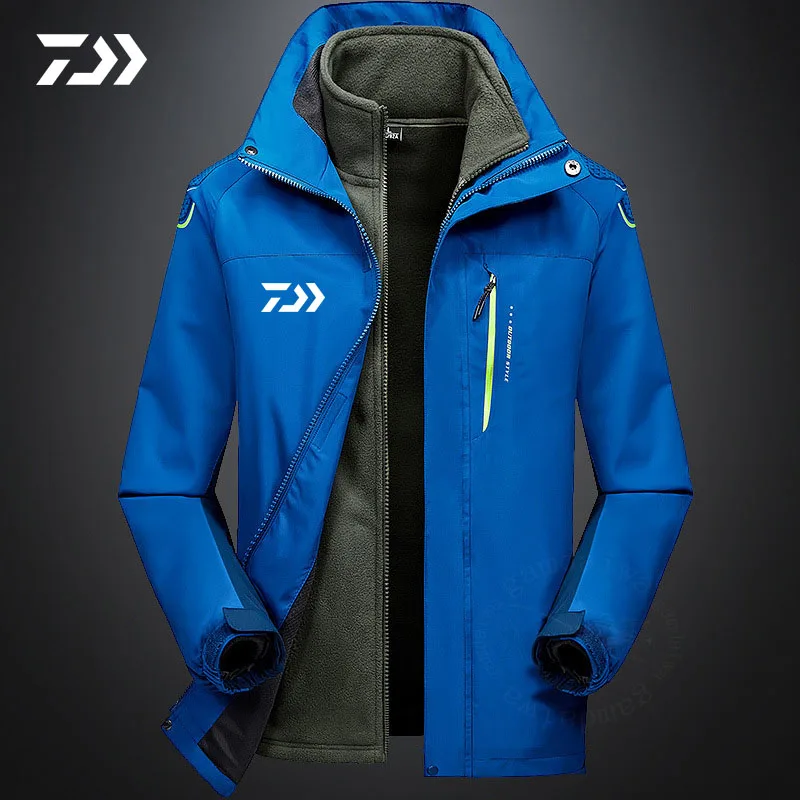 Осенне-зимняя куртка Daiwa со съемным капюшоном для рыбалки Водонепроницаемая теплая ветрозащитная верхняя одежда 3 в 1 костюм для горного туризма - Цвет: Синий