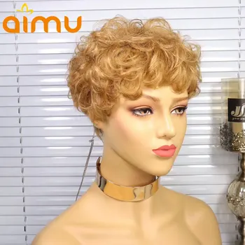 

Honey Blonde #27 Colored Wet and Wavy Pixie Cut Wig with Bangs Full Machine Made Human Hair Wigs for Black Women Remy Hair 180%