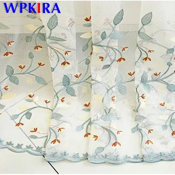 

Refined Blue Leaf Embroidered Voile Curtain For Living Room Bedroom White All-match Sheer Lace Tulle Drapes Custom made WP406D3