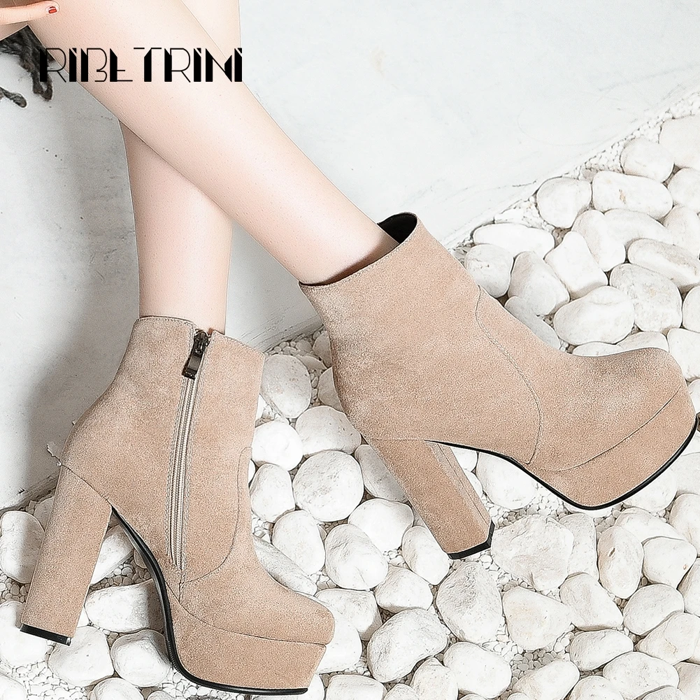 

RIBETRINI Top Quality Flock Platform Ankle Boots Woemn High Heels Platform Ankle Boots For Women Round Toe Autumn Winter Shoes